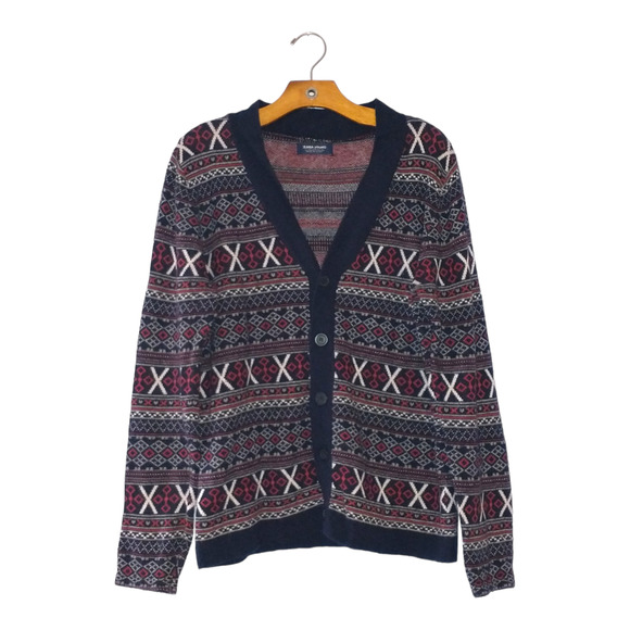 Zara Young Fair Isle V-Neck Cardigan Sweater Navy Red Medium Cozy Warm Cute - Picture 3 of 8